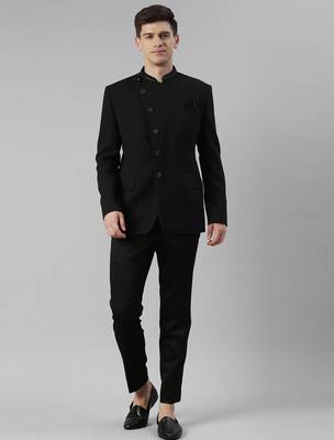 Black textured bandhgala set with leather detailing 1