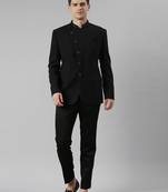 Black textured bandhgala set with leather detailing