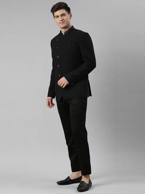 Black textured bandhgala set with leather detailing 2