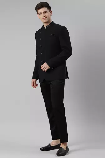 Black textured bandhgala set with leather detailing