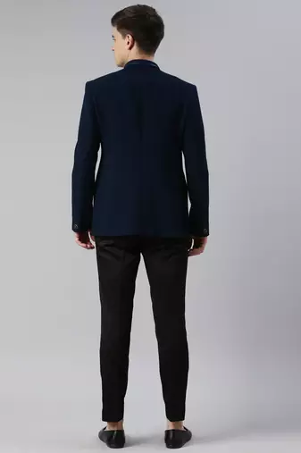 Teal blue textured bandhgala with leather detailing