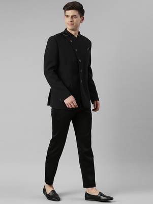 Black textured bandhgala set with leather detailing 3