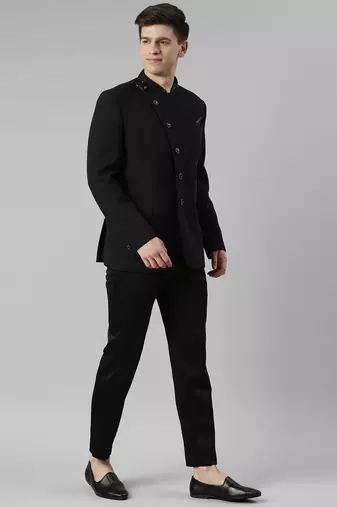 Black textured bandhgala set with leather detailing