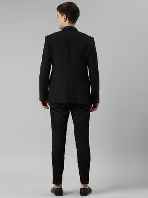 Black textured bandhgala set with leather detailing 4