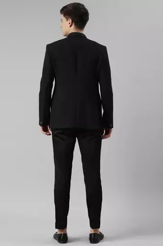 Black textured bandhgala set with leather detailing
