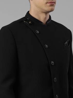 Black textured bandhgala set with leather detailing 5