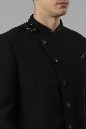 Black textured bandhgala set with leather detailing