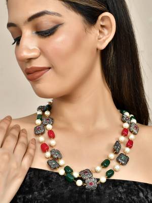 Gold-plated stones & beaded brass layered necklace 1