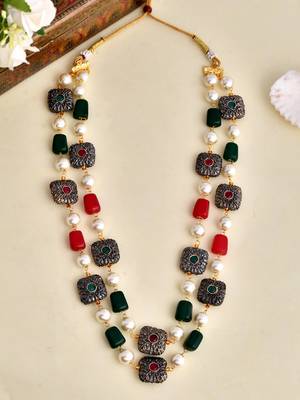 Gold-plated stones & beaded brass layered necklace 2