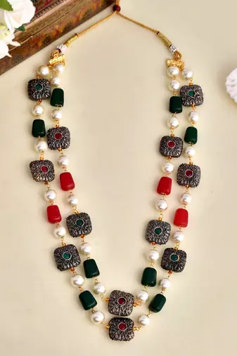 Gold-plated stones & beaded brass layered necklace