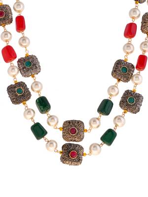 Gold-plated stones & beaded brass layered necklace 3