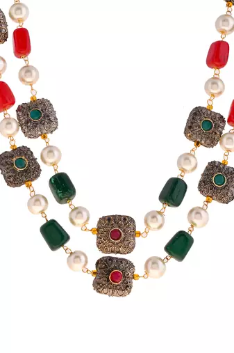 Gold-plated stones & beaded brass layered necklace