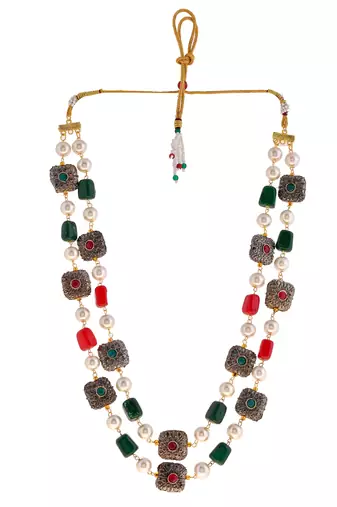 Gold-plated stones & beaded brass layered necklace