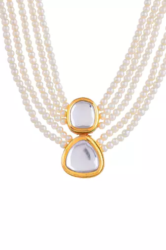 Gold-plated kundan studded beads beaded brass necklace