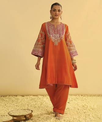 Orange embroidered chanderi silk kurta set 1