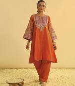 Orange embroidered chanderi silk kurta set