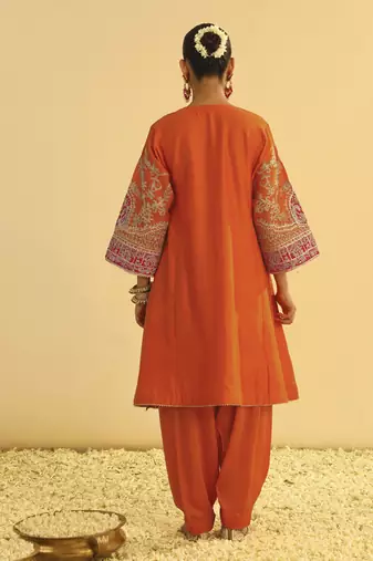 Orange embroidered chanderi silk kurta set