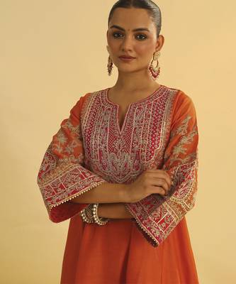 Orange embroidered chanderi silk kurta set 3