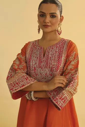 Orange embroidered chanderi silk kurta set