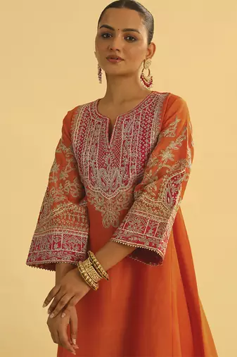 Orange embroidered chanderi silk kurta set