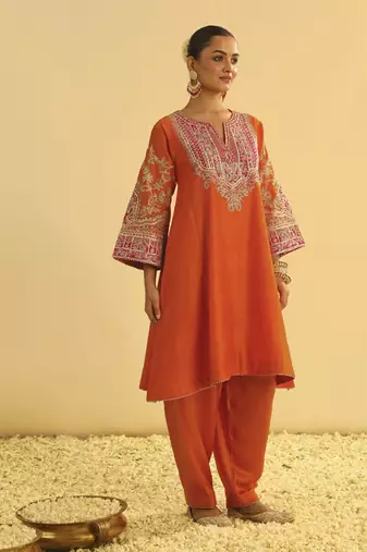 Orange embroidered chanderi silk kurta set