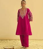 Hot pink embroidered chanderi silk kurta set