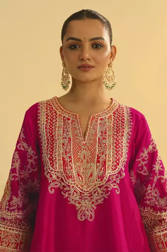 Hot pink embroidered chanderi silk kurta set