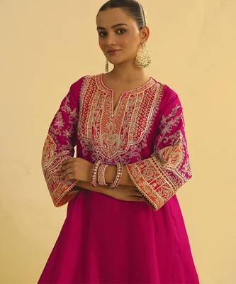 Hot pink embroidered chanderi silk kurta set 3
