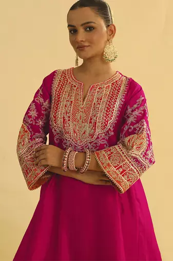 Hot pink embroidered chanderi silk kurta set