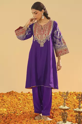 Purple embroidered chanderi silk kurta set