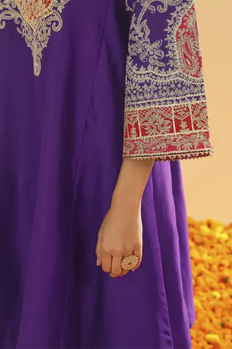 Purple embroidered chanderi silk kurta set