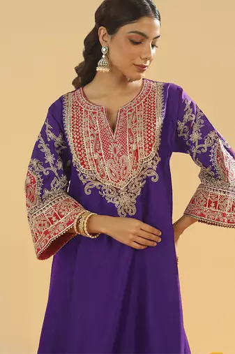 Purple embroidered chanderi silk kurta set