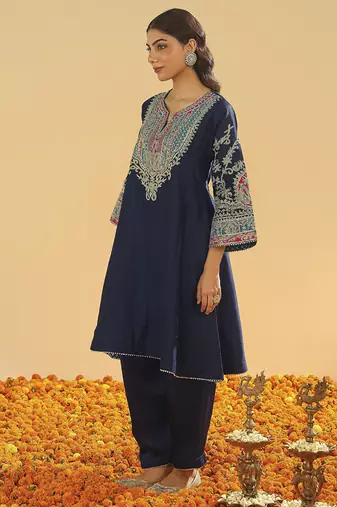 Blue embroidered chanderi silk kurta set