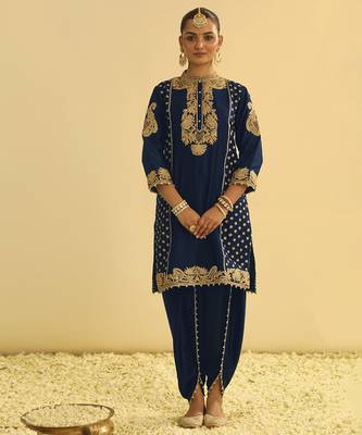 Blue embroidered chanderi silk kurta paired with dhoti 1