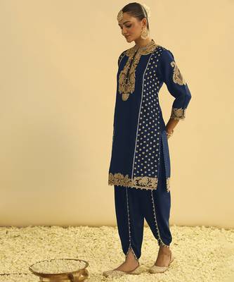 Blue embroidered chanderi silk kurta paired with dhoti 2