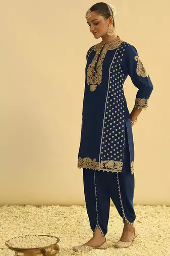 Blue embroidered chanderi silk kurta paired with dhoti