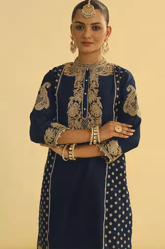 Blue embroidered chanderi silk kurta paired with dhoti