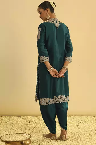 Emerald embroidered chanderi silk kurta paired with dhoti