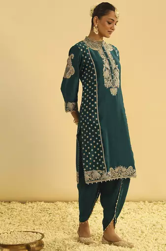Emerald embroidered chanderi silk kurta paired with dhoti