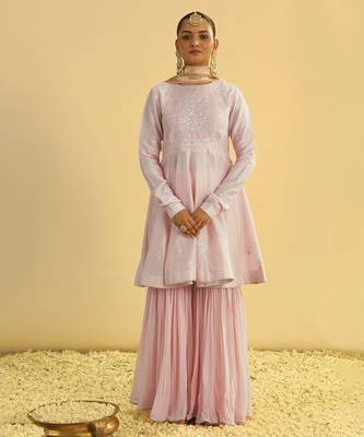 Pink embroidered chanderi silk gharara set 1