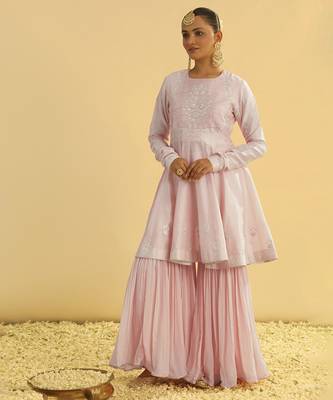 Pink embroidered chanderi silk gharara set 2