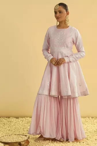 Pink embroidered chanderi silk gharara set