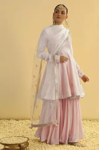 Pink embroidered chanderi silk gharara set