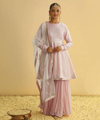 Pink embroidered chanderi silk gharara set 4
