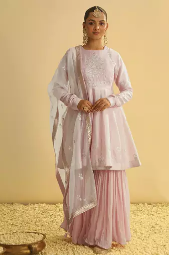 Pink embroidered chanderi silk gharara set