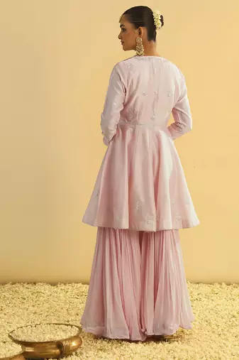 Pink embroidered chanderi silk gharara set