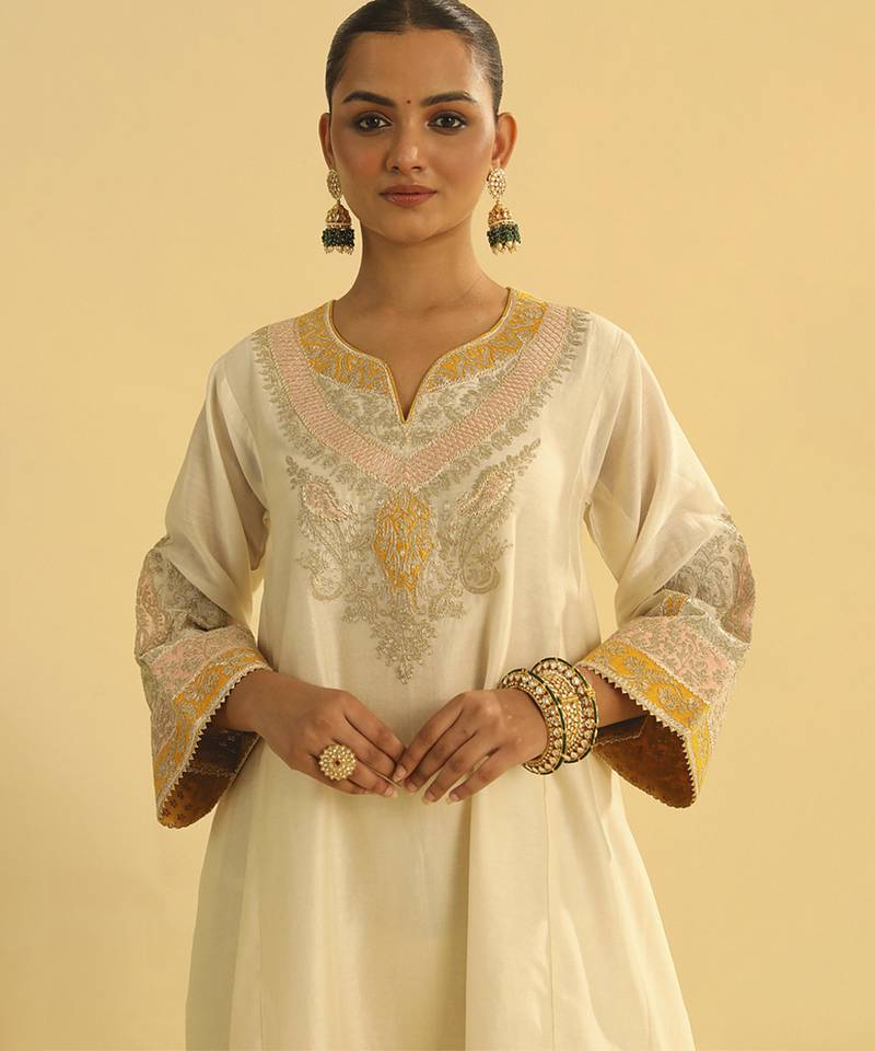Ivory embroidered chanderi silk kurta set