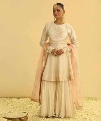 Ivory embroidered chanderi silk gharara set 1