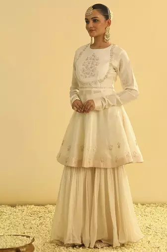 Ivory embroidered chanderi silk gharara set