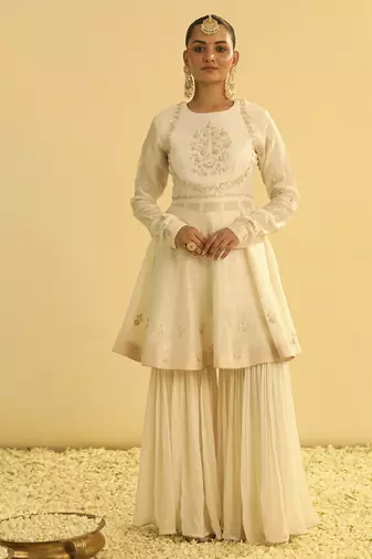 Ivory embroidered chanderi silk gharara set